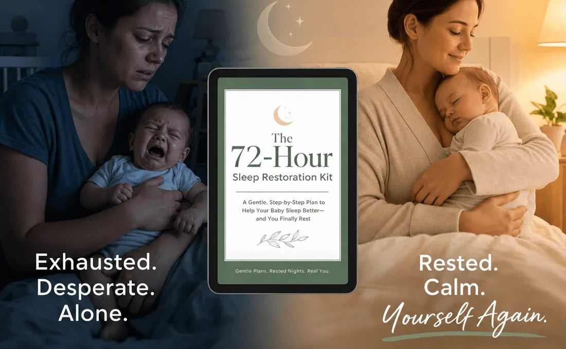 The 72-Hour Sleep Restoration Kit before and after: on the left, an exhausted mum holding a crying baby at night; on the right, a calm, smiling mum holding a peacefully sleeping baby.