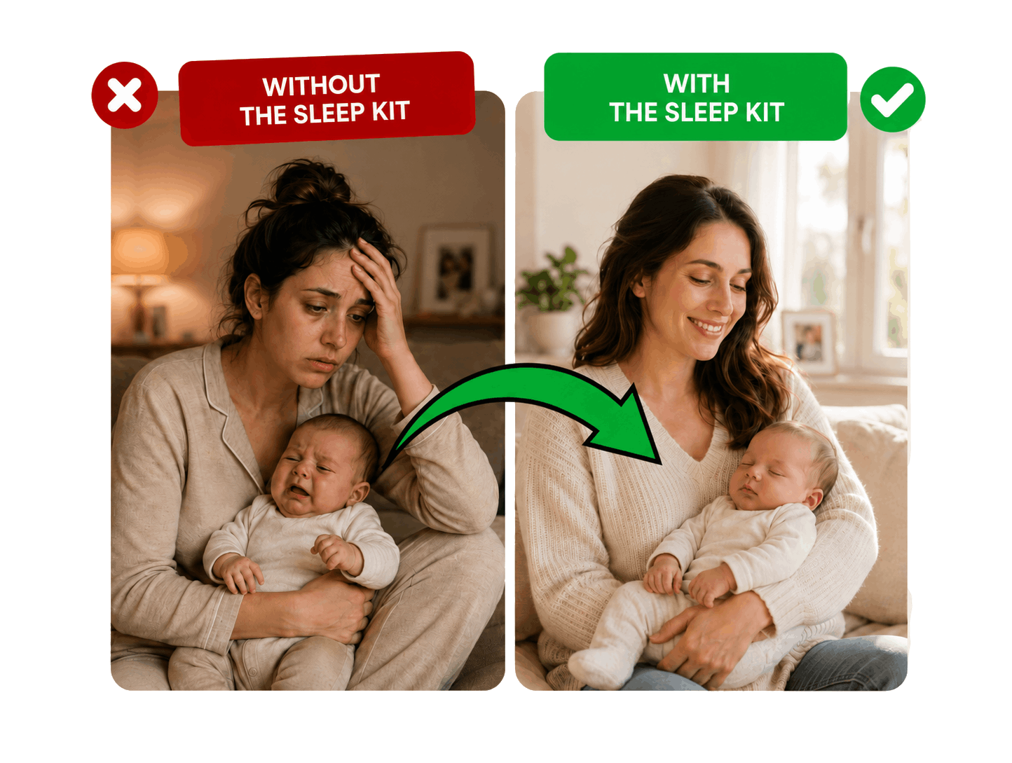 Before and after with the Sleep Kit: on the left, an exhausted mum holding a crying baby; on the right, a calm, smiling mum holding a peacefully sleeping baby.