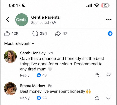 Facebook comments on the Gentle Parents ad: 'best thing I've done for our sleep' and 'best money I've ever spent honestly'.
