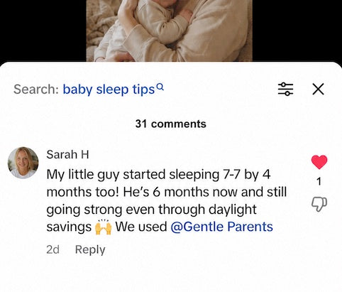 A parent replies that her little guy started sleeping 7-to-7 by 4 months and is still going strong at 6 months, using Gentle Parents.