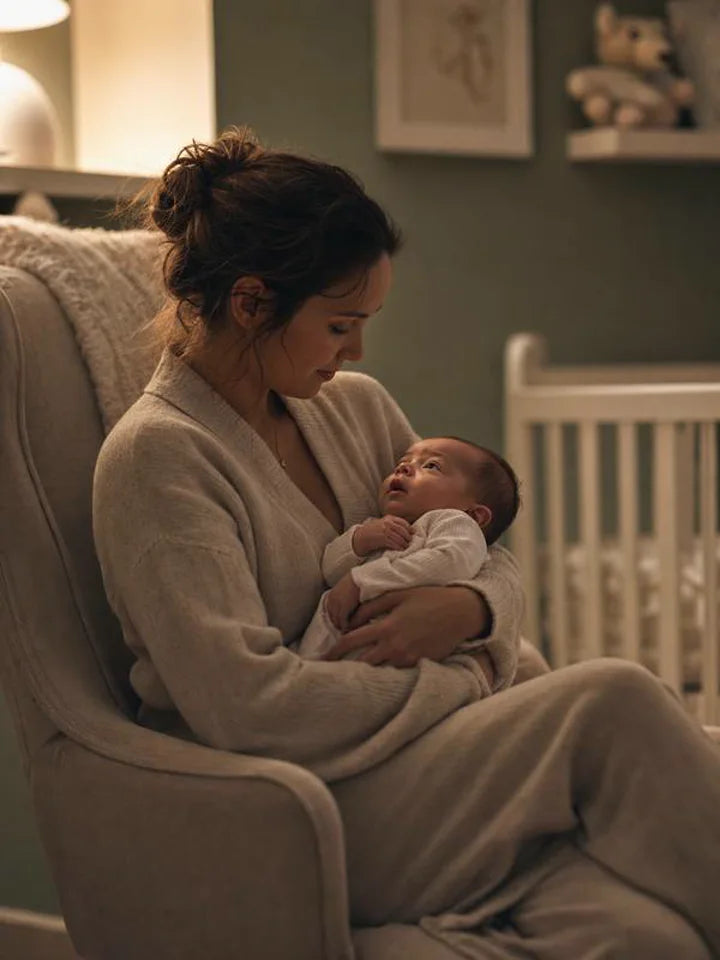 A calm mother holding her peacefully sleeping baby in a warm, dim nursery