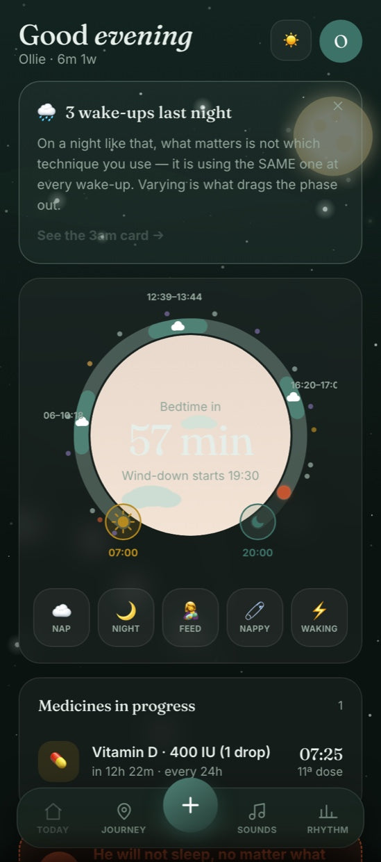 Your daily plan inside the app: wake windows, naps and bedtime for today