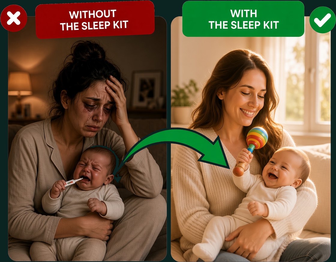 An exhausted, crying mother holding an unsettled baby, beside the same mother smiling and playing with her happy, rested baby