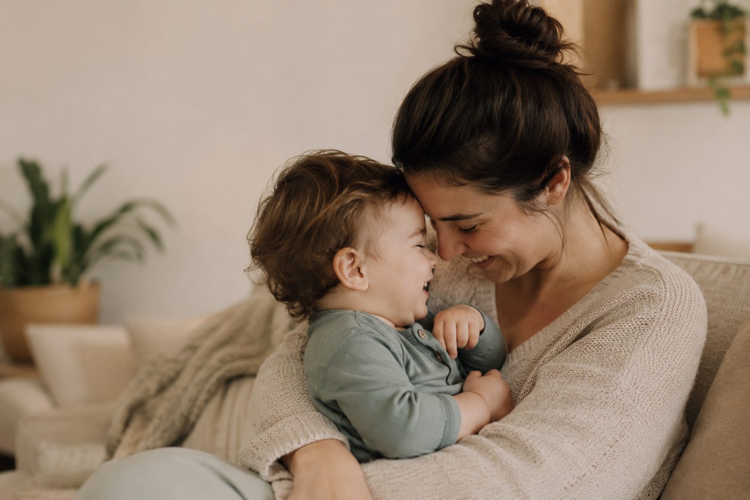 A mother and her toddler smiling and cuddling together at home in daylight