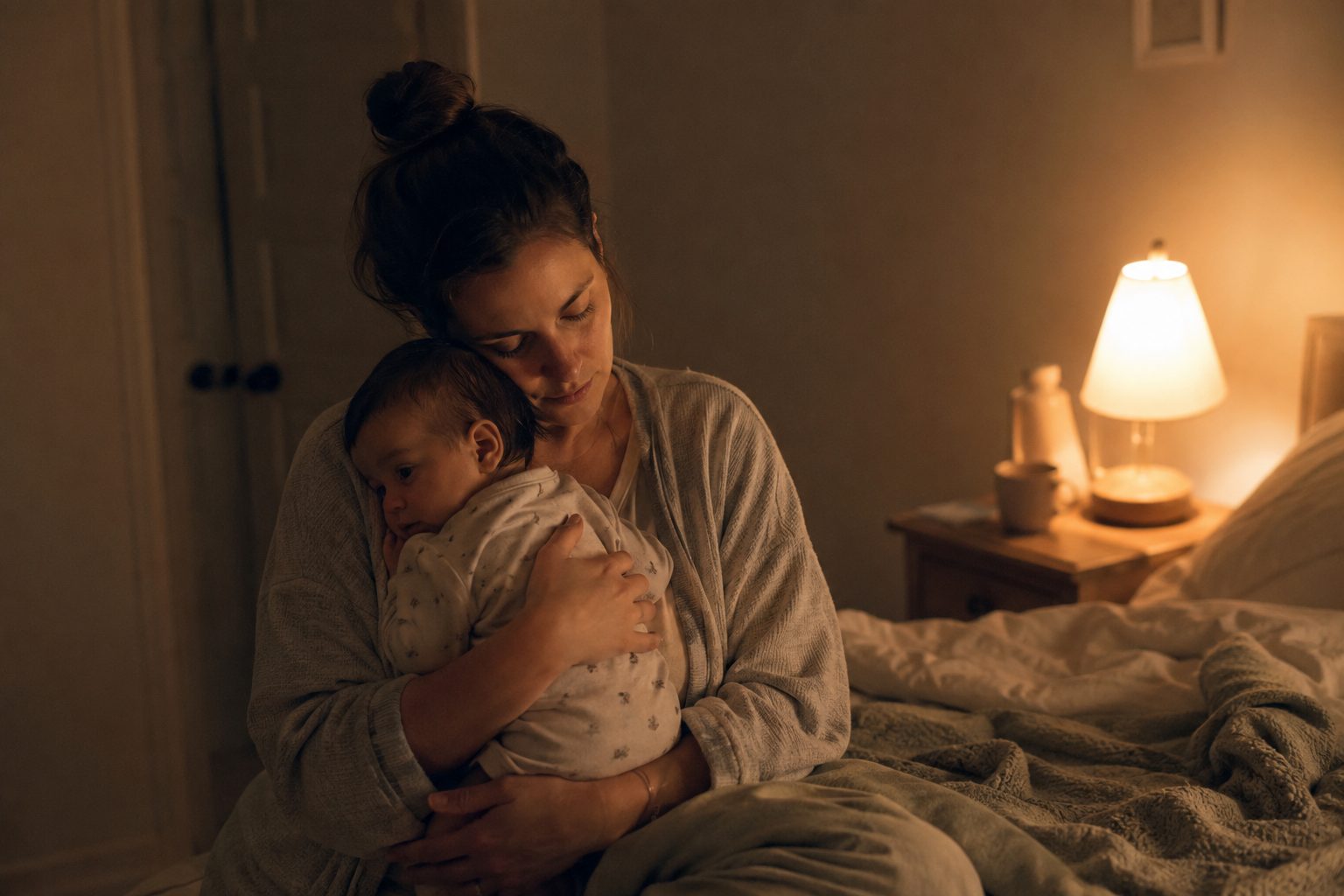 A tired mother gently holding her awake baby in a dimly lit bedroom at night