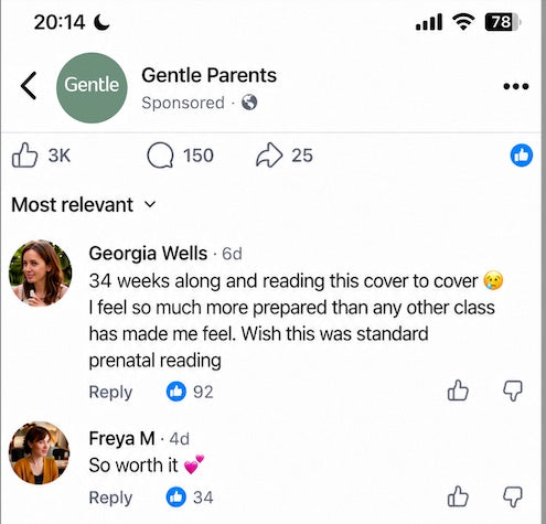 Facebook comment from a parent 34 weeks pregnant reading the guide cover to cover, feeling more prepared than any class has made her feel.