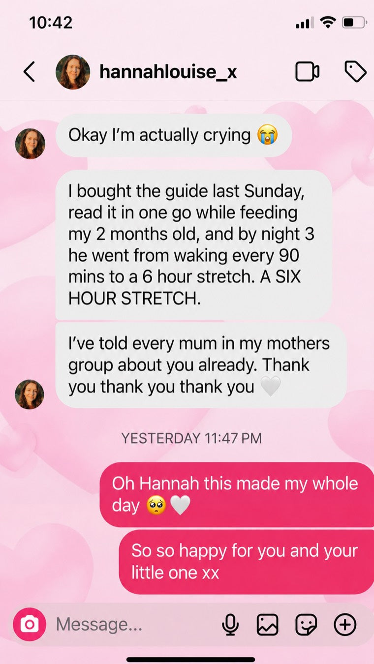 Instagram message from a mum: 'Okay I'm actually crying' — she read the guide while feeding her 2-month-old and by night 3 he went from waking every 90 minutes to a 6-hour stretch.
