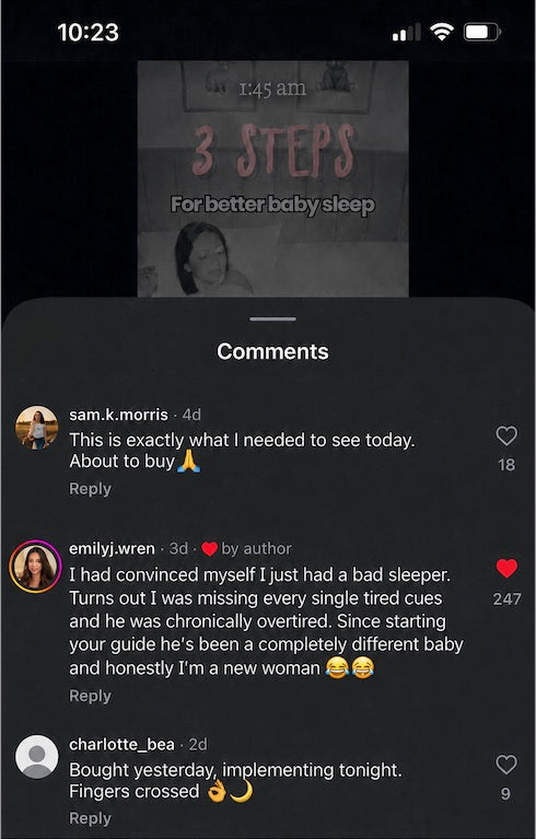 TikTok comments: a mum realised her baby was chronically overtired from missed tired cues; since starting the guide he's a completely different baby and she feels like a new woman.