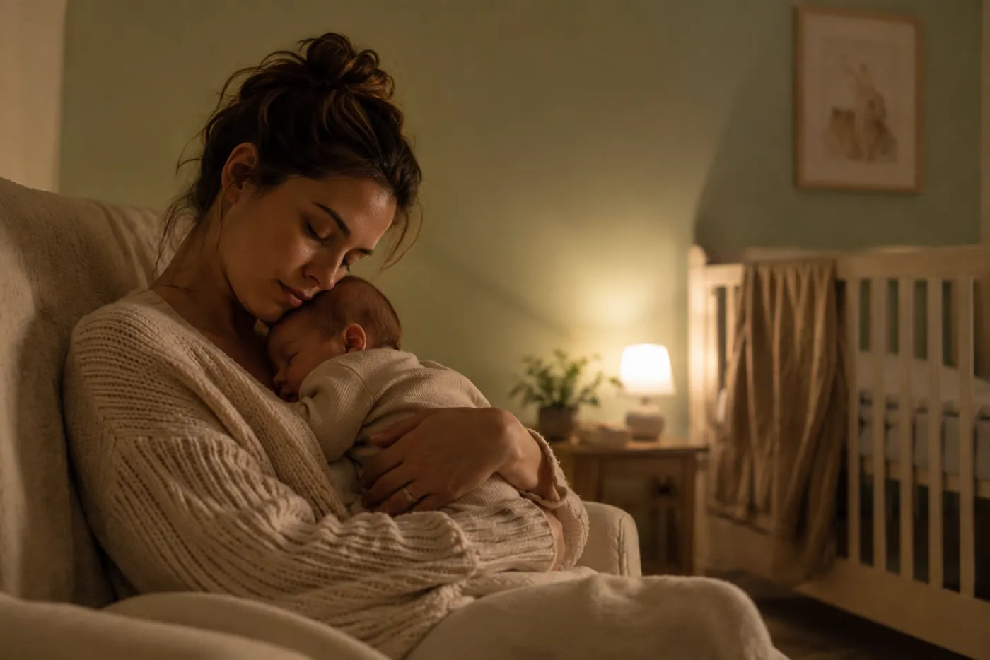 A tired mother holding her sleeping baby in a dimly lit nursery at night